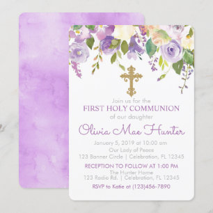 Purple Peony Girl First Holy Communion Invitation