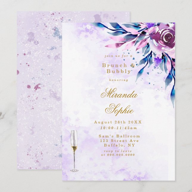 Purple Peony Gold Brunch & Bubbly Invitations (Devant / Derrière)