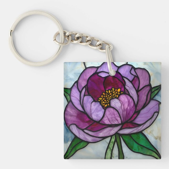 Purple Peony Stained Glass Schlüsselanhänger (Vorderseite)