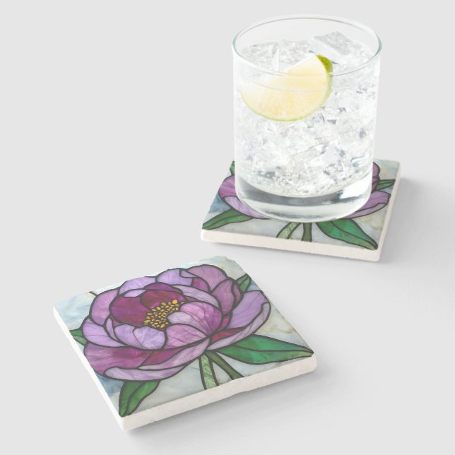 Purple Peony Stained Glass Steinuntersetzer (Seitenansicht)