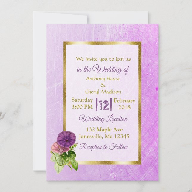 Purple Petunias et Gold Wedding Invitations (Devant)