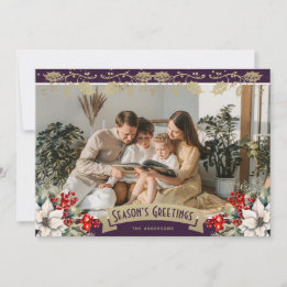 Purple Photo Holly Snowflakes Season's Greetings Feiertagskarte