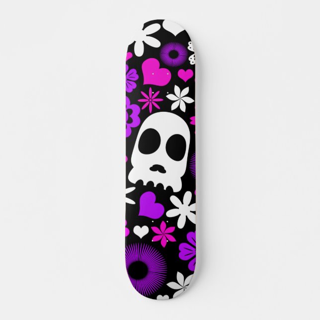 Purple, Pink and White Skull and Floral Pattern Skateboard (Vorne)