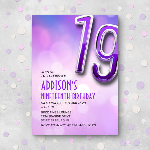 Purple Pink Bokeh 19ème anniversaire Invitation
