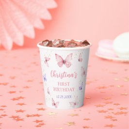 Purple Pink Bow Butterfly Birthday Party Pappbecher
