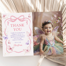 Purple Pink Bow Butterfly Birthday Party Photo Dankeskarte