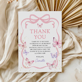 Purple Pink Bow Butterfly Girl Birthday Party Dankeskarte