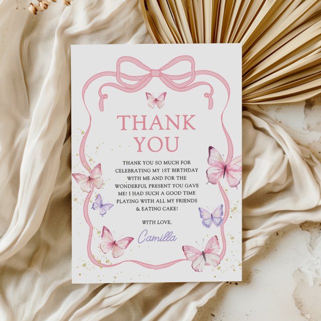 Purple Pink Bow Butterfly Girl Birthday Party Dankeskarte (Von Creator hochgeladen)