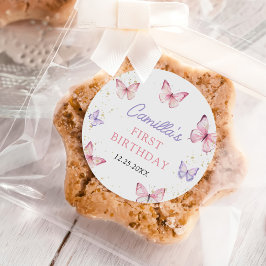 Purple Pink Bow Butterfly Girl Birthday Party Runder Aufkleber