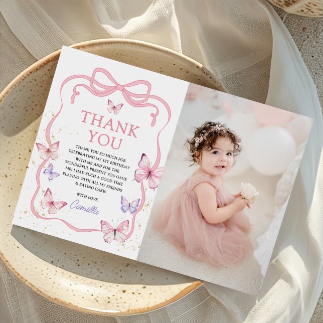 Purple Pink Bow Butterfly Girl Birthday Photo Dankeskarte (Von Creator hochgeladen)