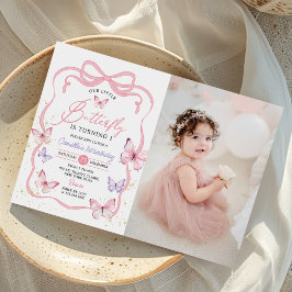 Purple Pink Bow Butterfly Girl Birthday Photo Einladung