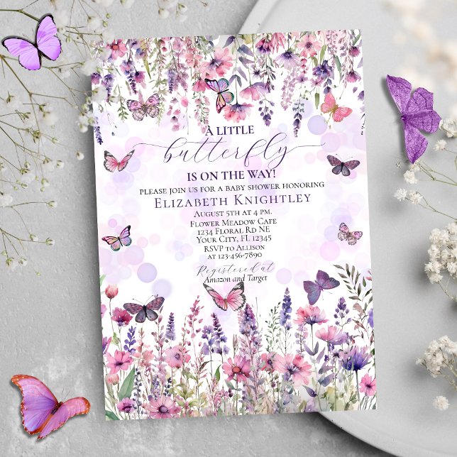 Purple Pink Butterflies & Wildflowers Baby Shower Einladung (Von Creator hochgeladen)