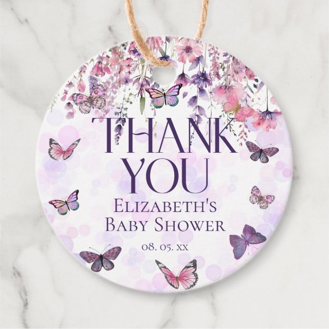 Purple Pink Butterflies & Wildflowers Baby Shower Geschenkanhänger (Vorderseite)