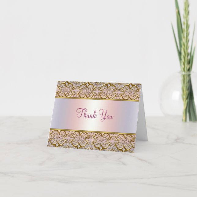 Purple PInk Gold Damask Merci Cartes (Devant)