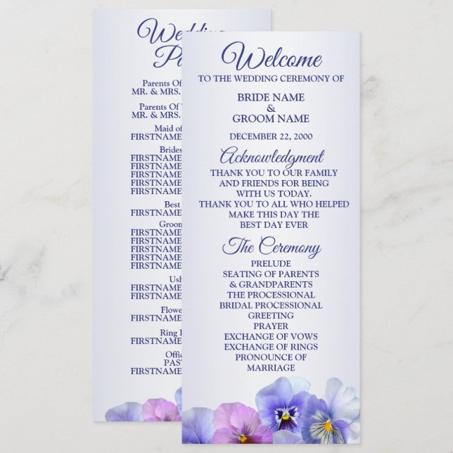 Purple Pink Lilac Pansy Floral Rustic Wedding Programm (Vorne/Hinten)