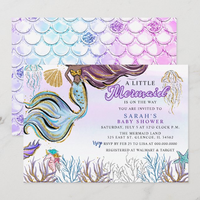 Purple Pink Modern Glitter Mermaid Baby Shower Einladung (Vorne/Hinten)