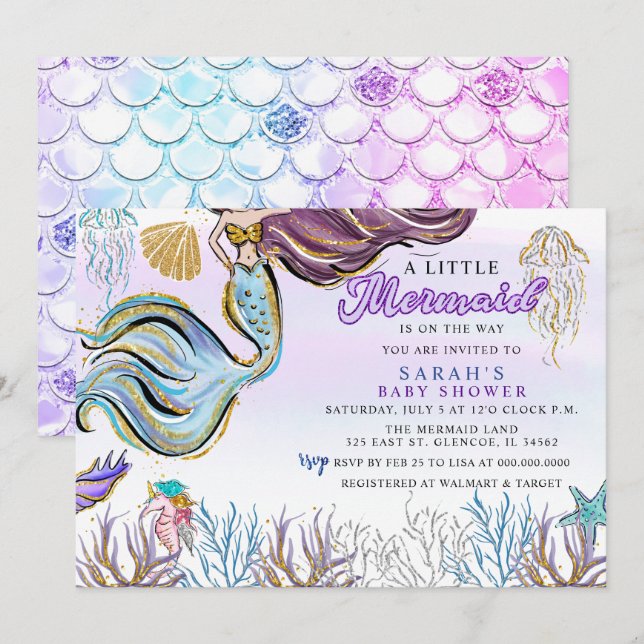 Purple Pink Modern Glitter Mermaid Baby Shower Einladung (Vorne/Hinten)