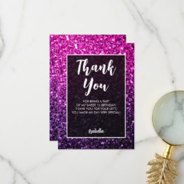 Purple pink ombre sparkles Sweet 16 elegant script Dankeskarte