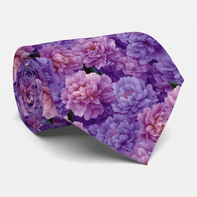 Purple Pink Peony Floral Pattern Krawatte (Gerollt)