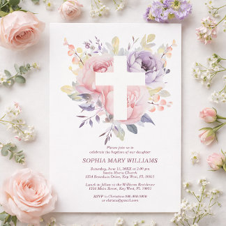 Purple Pink Rose & White Cross Girl Baptism Einladung
