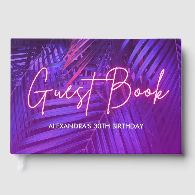 Purple Pink Tropical Palm Leaf Guest Book Gästebuch (Vorderseite)