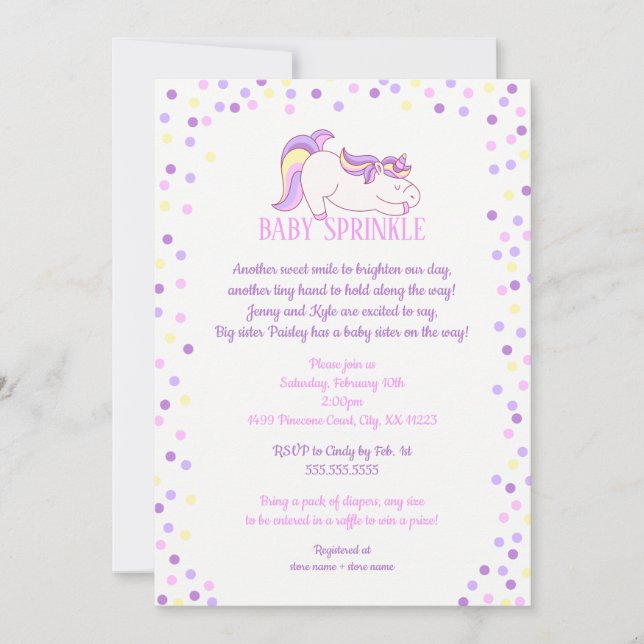 Purple Pink Unicorn Baby Sprinking invitation (Devant)