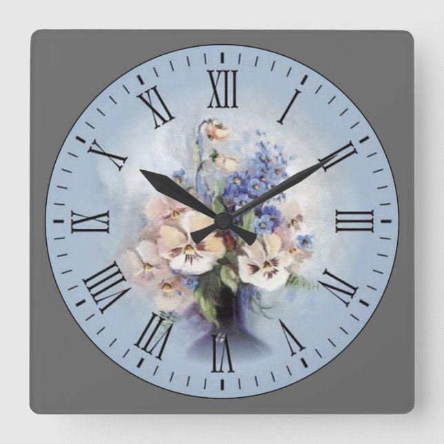 Purple-Pink-White Flowers Roman Numeral Quadratische Wanduhr (Vorderseite)