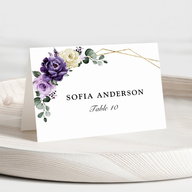Purple Plum Ivory Gold Nom de l'invité Carte Place (Purple floral geometric place card)