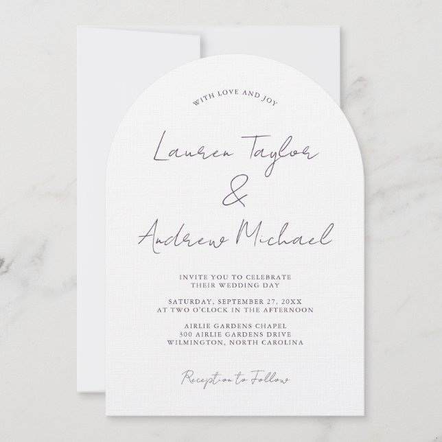Purple Plum Romantic Modern Arch Wedding Einladung (Vorderseite)