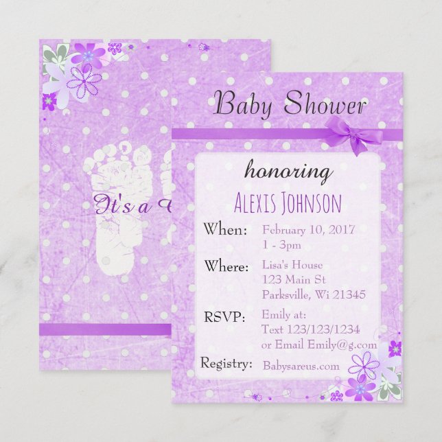 Purple Polka Dot Bow Girl Baby Shower Invitations (Devant / Derrière)