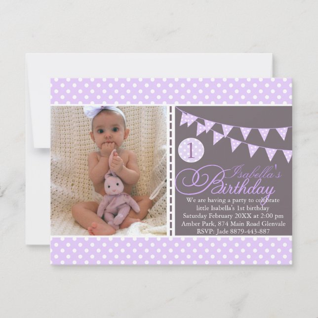 Purple Polka Dot Bunting Premier Invitation d'anni (Devant)