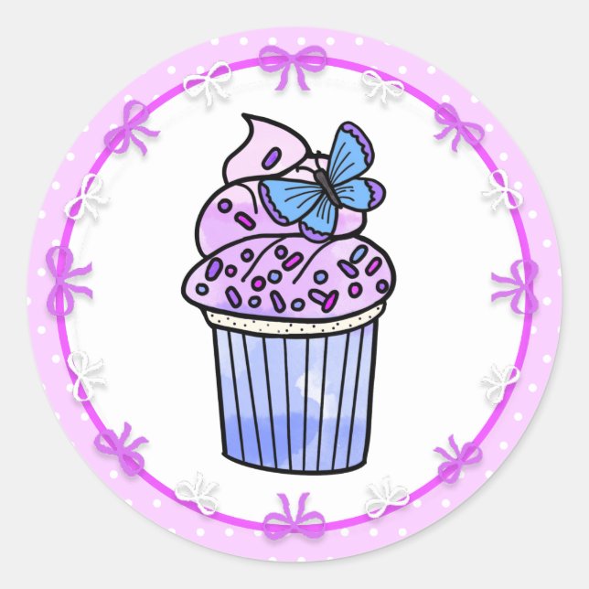 Purple Polka Dot Cupcake and Butterfly Birthday Runder Aufkleber (Vorderseite)