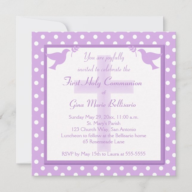 Purple Polka Dot First Holy Communion Invitation (Devant)