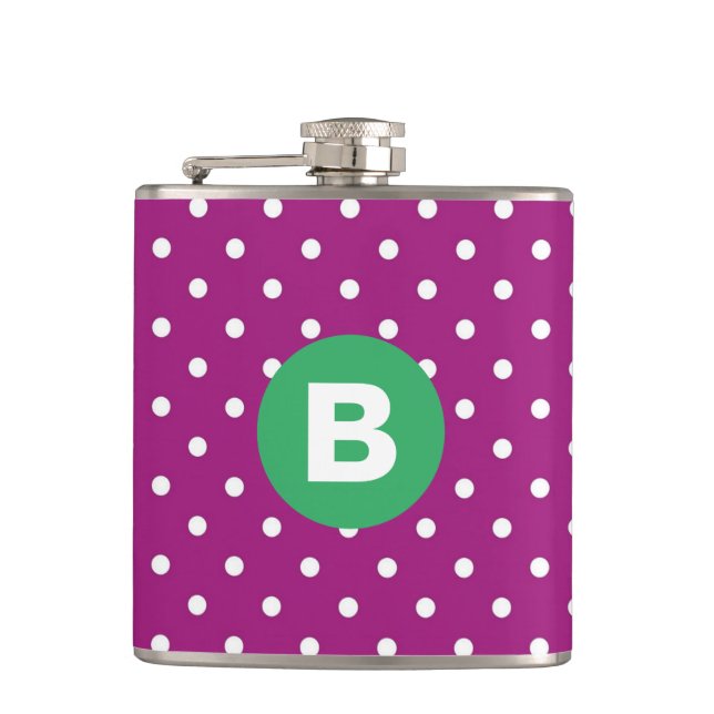 Purple Polka Dot Pattern Green Monogram Flachmann (Vorderseite)