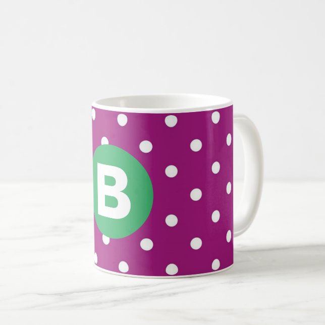 Purple Polka Dot Pattern Green Monogram Kaffeetasse (VorderseiteRechts)