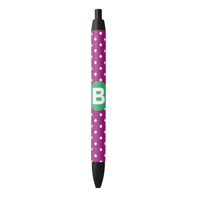 Purple Polka Dot Pattern Green Monogram Kugelschreiber (Vorderseite Vertikal)