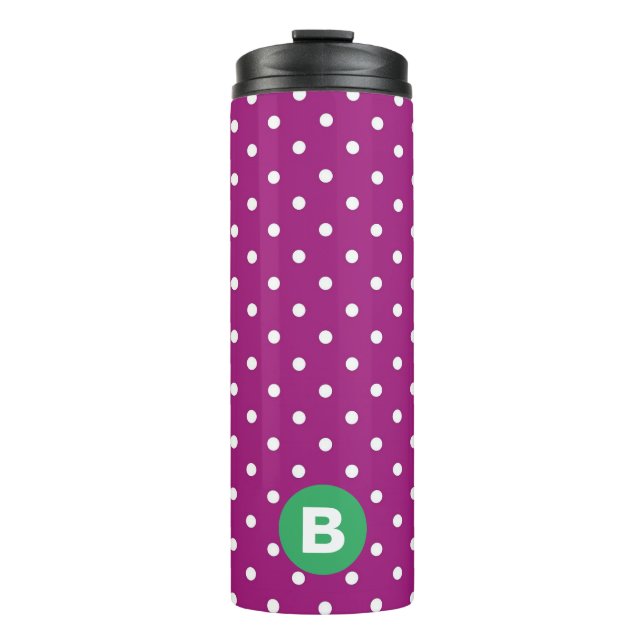 Purple Polka Dot Pattern Green Monogram Thermosbecher (Vorderseite)