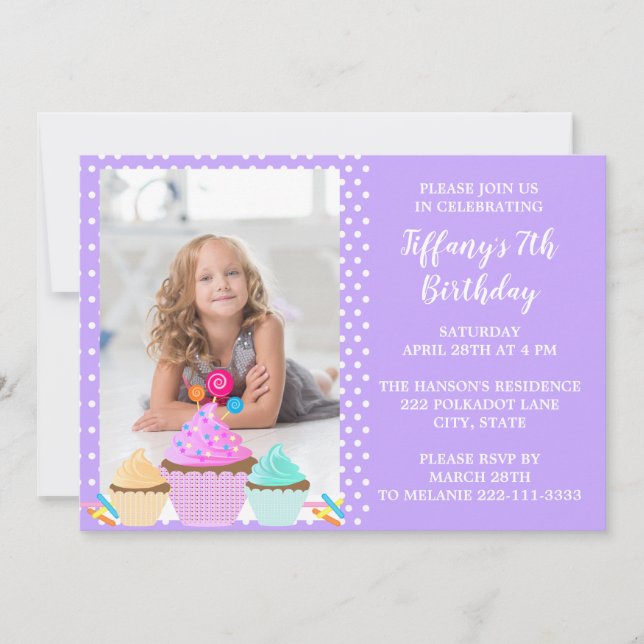 Purple Polka Dot Photo Anniversaire Invitation (Devant)