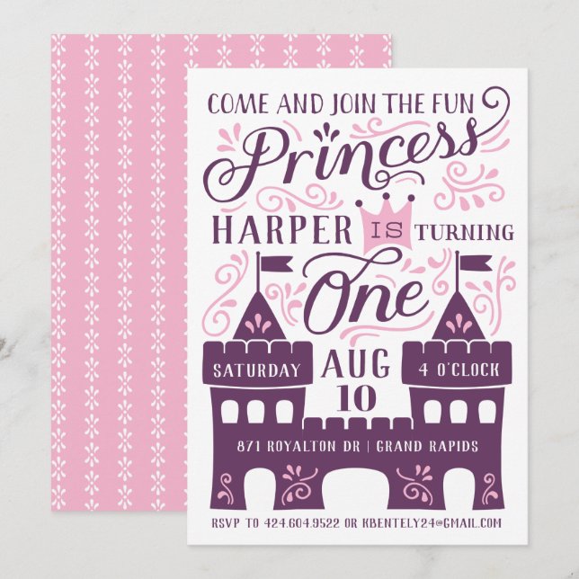 Purple Princess Party Invitations pour le premier  (Devant / Derrière)