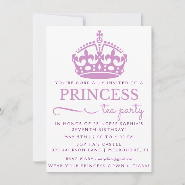 Purple Princess Tea Party Invitations d'anniversai (Devant)