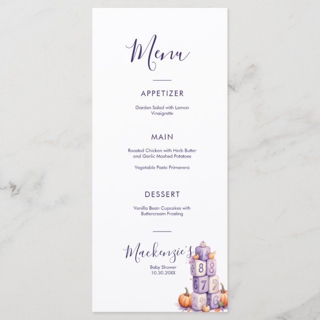 Purple Pumpkin Baby Shower Party Menu (Devant)