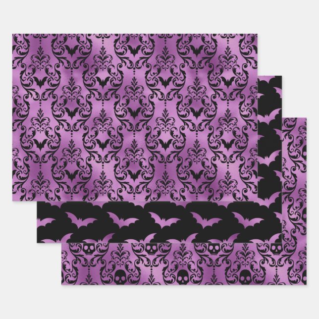 Purple Purple Bat and Skull Halloween Damask Geschenkpapier Set (Set)