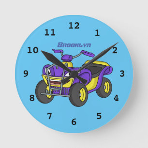 Purple Quad bike cartoon illustration Runde Wanduhr