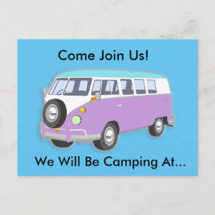 Purple Retro Van Camping Trip Invitation Carte pos