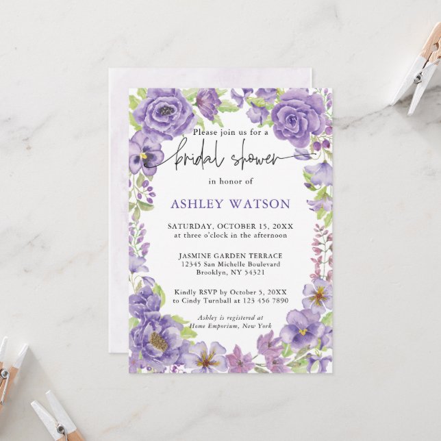 Purple rêves élégant Bridal Shower Invitation (Devant/Arrière en situation)