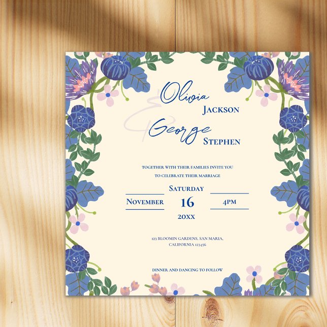 Purple Romantic Pretty Blue Florals Garden Wedding Magneteinladung (Purple Romantic Pretty Blue Florals Garden Wedding Magnetic Invitation)