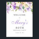 Purple Rose Floral 80th Birthday Welcome Sign Poster<br><div class="desc">Welcome guests to your 80th birthday party with this elegant purple rose and greenery welcome sign. It coordinates with the Rustic Purple Floral Botanical 80th Birthday collection.</div>