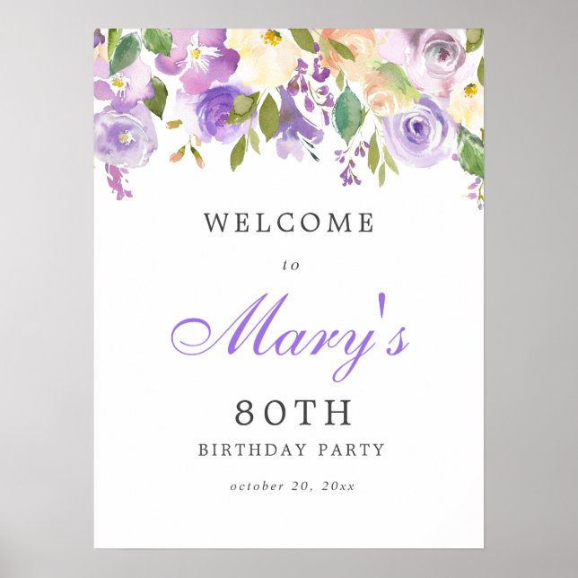 Purple Rose Floral 80th Birthday Welcome Sign Poster (Vorne)