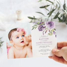 Purple Rose Floral Photo Girl Baptism Einladung
