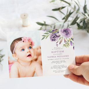 Purple Rose Floral Photo Girl Baptism Einladung